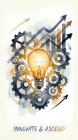 Innovation concept with glowing lightbulb surrounded by mechanical gears and upward trending arrows representing business growth and creative solutions.