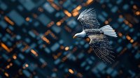 Majestic eagle soaring against abstract urban night lights and geometric patterns background, wings spread wide in dramatic flight pose. Dynamic wildlife photography.