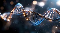 Glowing DNA strand with golden and blue illumination floating in dark space with bokeh particles and sparkles. Scientific genetic research concept.