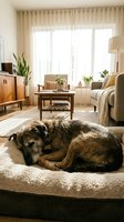 Cozy dog resting on soft blanket in modern living room with natural light streaming through windows creating warm atmosphere for pet lifestyle content.
