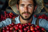 Young Caucasian male farmer with beard and straw hat smiling while holding freshly harvested red cherries. Close up portrait showing connection to organic farming and agriculture.