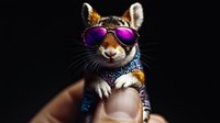 Stylish hamster wearing purple mirrored sunglasses and sparkly blue scarf against dark background, fun pet fashion concept for social media and advertising.