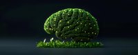 Green glowing brain made of small particles on dark background with grass, symbolizing artificial intelligence, consciousness and neural networks.