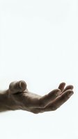Open male hand reaching out with palm up in gesture of giving, receiving or asking for help against white background for design use.