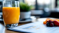 Fresh orange juice in glass with business report and berries on wooden table, morning breakfast scene with natural light and blurred background.
