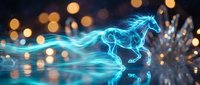 Mystical blue energy horse galloping through digital space with glowing particles and bokeh lights creating magical atmosphere for fantasy designs.