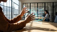 Businessperson interacting with a glowing holographic interface in a modern office, showcasing futuristic technology and digital innovation.