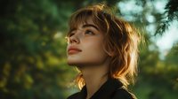 Young woman with bangs looking up dreamily at sunset in forest, warm golden light illuminating face against blurred green nature background.