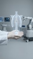 Doctor holding holographic human ribcage and spine anatomy model in modern medical facility for healthcare education and diagnostic purposes.