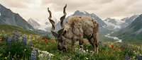 Majestic yak grazing in alpine meadow with colorful wildflowers against dramatic mountain backdrop. Wildlife conservation and sustainable farming concept.