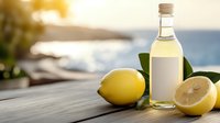 Fresh lemons and glass bottle with clear liquid on wooden surface against blurred seaside background, natural light creates warm atmosphere.