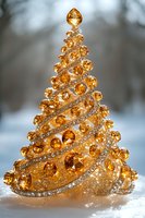 Elegant golden crystal Christmas tree decoration with amber gemstones and silver glitter spiral design standing in snow, glowing with warm holiday light.