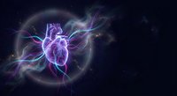 Glowing anatomical heart with electric energy waves on dark cosmic background for medical education and healthcare presentations.