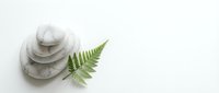 Stacked smooth stones with fresh green fern leaf on white background, spa and wellness design element for relaxation and natural beauty concepts.