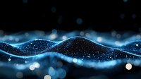 Glowing blue wave of particles with bokeh effect on dark background creates futuristic abstract visualization for technology and science designs.