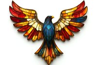 Majestic eagle with spread wings in stained glass mosaic style featuring vibrant red, orange, yellow and blue segments on white isolated background.