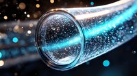 Glowing blue light streak through glass test tube with sparkling particles against dark background creates magical scientific atmosphere.