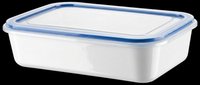 Transparent plastic food storage container with blue snap-lock lid, isolated on transparent background. Ready for design use on product packaging, e-commerce, kitchen product catalogs, print-on-demand materials, and digital designs.