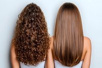 Back view of two long hairstyles - natural curly brunette waves and straight smooth brown hair on light background, demonstrating different hair textures and styling results.