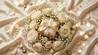 Elegant wedding bouquet with cream roses and baby's breath surrounding golden gift box on luxurious silk fabric with scattered pearls for bridal celebrations.