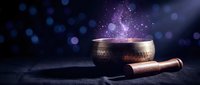 Mystical singing bowl with magical purple energy and sparkles emanating from bronze meditation instrument on dark surface with bokeh lights background.