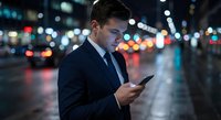 Young businessman using smartphone on city street at night with blurred traffic lights and urban bokeh background for business communication concepts.