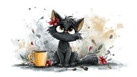 Grumpy black cat sitting next to yellow coffee mug surrounded by red flowers and coffee beans on watercolor background, artistic cartoon style illustration.