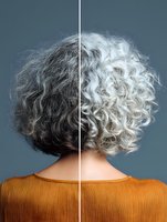 Split screen comparison showing woman's curly hair transformation from dark to silver gray, back view against blue background for beauty salon concepts.