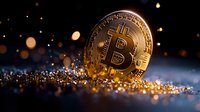Golden cryptocurrency coin on dark background with glowing bokeh lights and sparkles. Digital money concept with dramatic lighting and shallow depth of field.