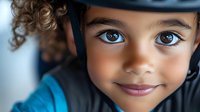 Close up portrait of young mixed race child wearing protective sports helmet, with bright blue eyes and curly hair, smiling warmly at camera.