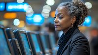 African American mature businesswoman using self check-in kiosk at airport terminal, wearing black blazer, with blurred bokeh lights in background.