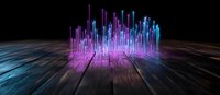 Glowing neon pink and blue vertical bars on dark reflective surface create futuristic data visualization display with dynamic light effects and motion blur.