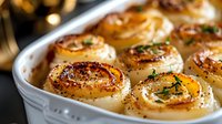 Golden baked potato gratin rolls with herbs in white ceramic dish, comfort food side dish for holiday dinner or family meal preparation.