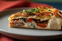 Flaky layered pastry filled with creamy ricotta cheese, roasted vegetables, and fresh herbs, sliced to show delicate layers and colorful filling on gray plate.