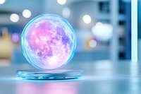 Glowing purple and pink holographic moon sphere floating above circular platform in futuristic laboratory with bokeh background.