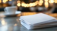 Stack of white paper sheets on wooden table with blurred warm bokeh lights and coffee cup in background, creating cozy atmosphere for business or writing.