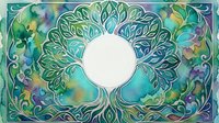 Ornate mandala frame with flowing organic patterns in vibrant turquoise, green and purple watercolor gradients surrounding central white circle space.