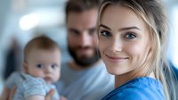 Young blonde woman in blue medical scrubs smiling at camera with bearded man and baby in background, representing healthcare professionals and family life.