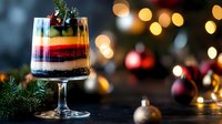 Layered festive dessert in glass with colorful jelly, cream and berries garnished with pine branch against blurred Christmas lights and ornaments on dark background.