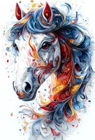 Artistic horse head with swirling blue and red patterns, ornate decorative style featuring flowing mane and intricate spiral details on white background for wall art.