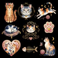 Adorable cat illustrations collection featuring tabby, calico, and kitten designs with decorative elements like hearts, paws, stars, and ornamental frames. Isolated on transparent background, ready for t-shirts, stickers, clipart, and print-on-demand products.