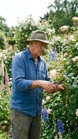 Senior Caucasian male gardener in hat and blue shirt carefully tending to pink roses in lush flower garden with pruning shears during summer day.