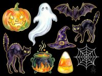 Spooky Halloween icons collection featuring jack-o-lantern, ghost, bat, black cat, witch hat, cauldron, candy corn, spider web and spider isolated on transparent background. Ready for t-shirts, stickers, clipart and print-on-demand designs.
