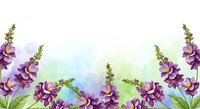 Purple foxglove flowers with green leaves creating decorative border frame on soft watercolor background for spring garden design projects.