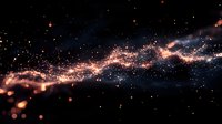 Glowing cosmic dust and stars create luminous trail across dark space background with scattered light particles and nebula formations in deep universe.
