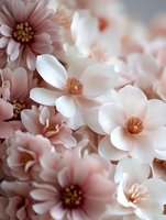 Delicate white and blush pink flowers in soft macro photography, showing detailed petals and stamens with dreamy bokeh effect, creating romantic floral composition.