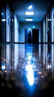 Empty dark corridor with blue fluorescent lights reflecting on polished floor creating dramatic atmosphere. Perspective view down hallway with glowing exit sign.