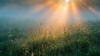 Misty meadow at sunrise with golden sunlight rays breaking through fog over wild grasses and flowers, creating atmospheric morning landscape for nature and wellness designs.