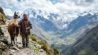 Andean man in traditional clothing standing with llama on mountain trail overlooking snow-capped peaks and valley landscape.