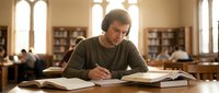 Young Caucasian male student studying in university library, writing notes in textbook surrounded by books. Academic research and education concept.
